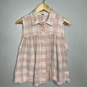 Free People "Hey There Sunshine" Button Down Pink Check Sleeveless Knit Top - S